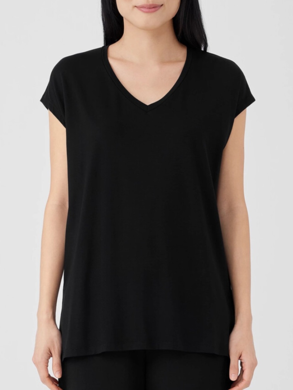 Eileen Fisher Fine Jersey Black V-Neck Cap Sleeve Top XS